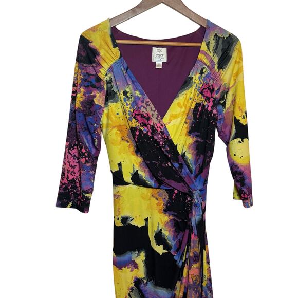 Suzi Chin for Maggy Boutique Size 8 Purple Abstract Print Faux Wrap Dress - Picture 2 of 8